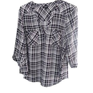 3 X Torrid Harper Plaid Flannel Shirt Size 3 Black& White 3/4 Sleeve Button-Down